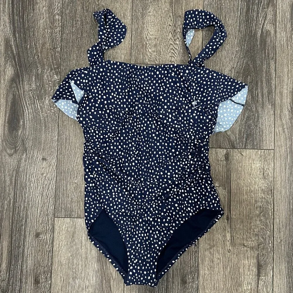 Kona Sol Navy Blue Polka Dot One-Piece Swimsuit, Size Medium (8-10) - Picture 3 of 9